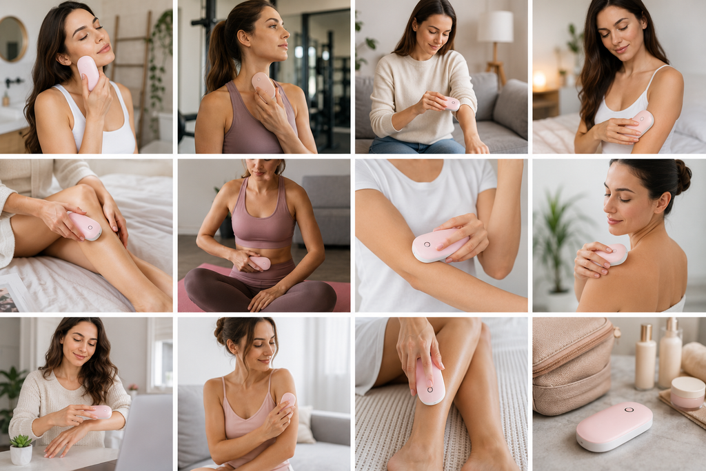Masseur ZenHead utilisé sur le visage, le cou, les épaules et les jambes - collage lifestyle